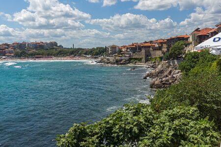 SOZOPOL, BULGARIA - AUGUST 10, 2018: Amazing Panorama with Coastal street of old town of Sozopol, Burgas Region, Bulgariaのeditorial素材