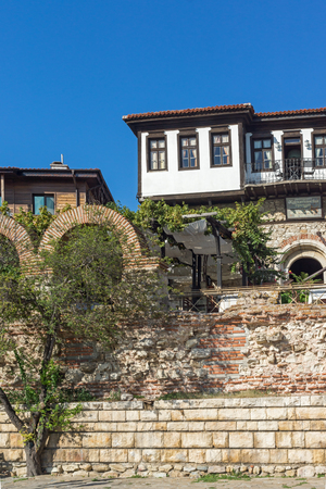 NESSEBAR, BULGARIA - AUGUST 12, 2018: Ancient ruins of Fortifications and old houses in old town of Nessebar, Burgas Region, Bulgariaのeditorial素材