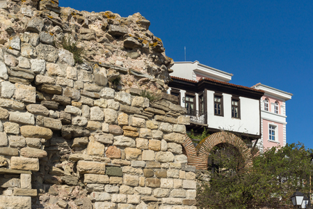 NESSEBAR, BULGARIA - AUGUST 12, 2018: Ancient ruins of Fortifications and old houses in old town of Nessebar, Burgas Region, Bulgariaのeditorial素材