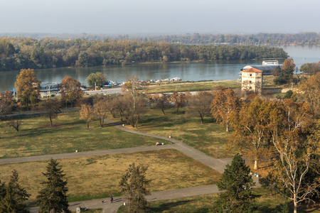 BELGRADE, SERBIA - NOVEMBER 10, 2018: Panoramic sunset view of Belgrade Fortress, Kalemegdan Park, Sava and Danube Rivers in city of Belgrade, Serbiaのeditorial素材