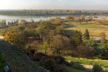 BELGRADE, SERBIA - NOVEMBER 10, 2018: Panoramic sunset view of Belgrade Fortress, Kalemegdan Park, Sava and Danube Rivers in city of Belgrade, Serbiaのeditorial素材