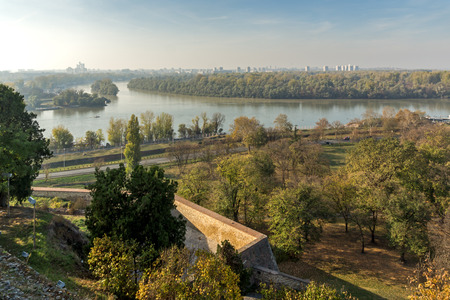 BELGRADE, SERBIA - NOVEMBER 10, 2018: Panoramic sunset view of Belgrade Fortress, Kalemegdan Park, Sava and Danube Rivers in city of Belgrade, Serbiaのeditorial素材