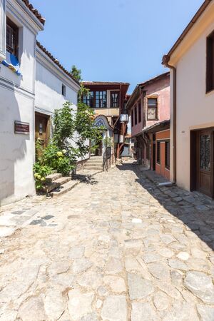 PLOVDIV, BULGARIA - JULY 5, 2018: Street and houses from the period of Bulgarian revival in old town of city of Plovdiv, Bulgariaのeditorial素材