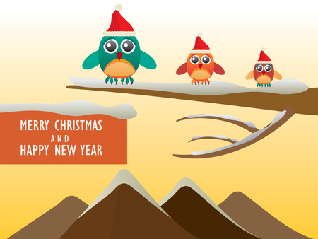 Greeting card with cute owls in Santa hats for Merry Christmas and Happy New Year - Vector Illustrationのイラスト素材