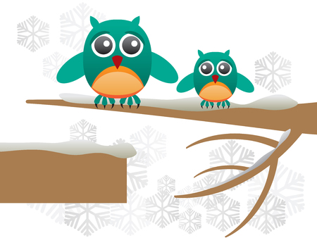 Greeting card with cute owls over branch covered with snow - Vector Illustrationのイラスト素材