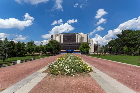 SOFIA, BULGARIA -MAY 20, 2018:  Flower garden and National Palace of Culture in Sofia, Bulgariaのeditorial素材