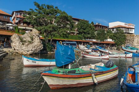 NESSEBAR, BULGARIA - AUGUST 12, 2018: Panoramic view of Port and old town of Nessebar, Burgas Region, Bulgariaのeditorial素材