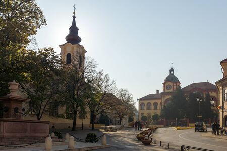 SREMSKI KARLOVCI, VOJVODINA, SERBIA - NOVEMBER 11, 2018: Panorama of center of town of Srijemski Karlovci, Vojvodina, Serbiaのeditorial素材
