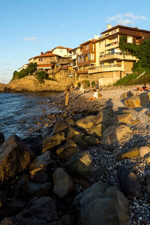 SOZOPOL, BULGARIA - AUGUST 9, 2018: Amazing Sunset view of houses at old town of Sozopol, Burgas Region, Bulgariaのeditorial素材