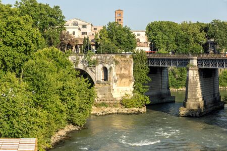 ROME, ITALY - JUNE 22, 2017: Panoramic view view of Ponte Palatino,  Tiber River and Pons Aemilius in city of Rome, Italyのeditorial素材