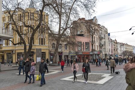 PLOVDIV, BULGARIA - FEBRUARY 2, 2019: Panoramic view of central pedestrian street of city of Plovdiv, Bulgariaのeditorial素材