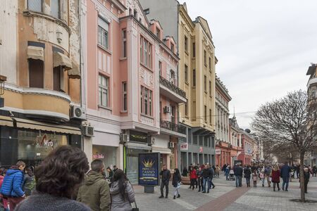 PLOVDIV, BULGARIA - FEBRUARY 2, 2019: Panoramic view of central pedestrian street of city of Plovdiv, Bulgariaのeditorial素材