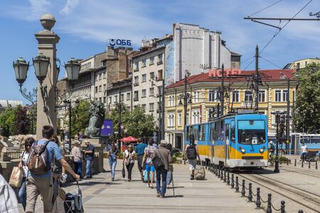 SOFIA, BULGARIA - MAY 31, 2018: Panorama of Lion's Bridge over Vladaya river, Sofia, Bulgariaのeditorial素材