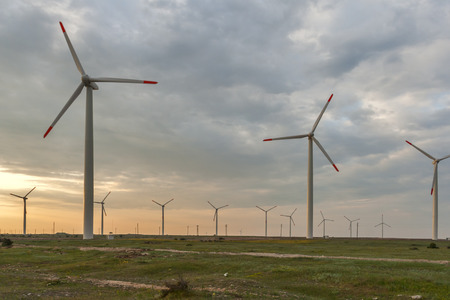 Sunset landscape with Wind turbines near Kaliakra Cape at Black Sea Coast,  Dobrich Region, Bulgariaの写真素材