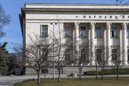 SOFIA, BULGARIA - MARCH 7, 2019:  Winter view of National Library St. Cyril and Methodius in Sofia, Bulgariaのeditorial素材