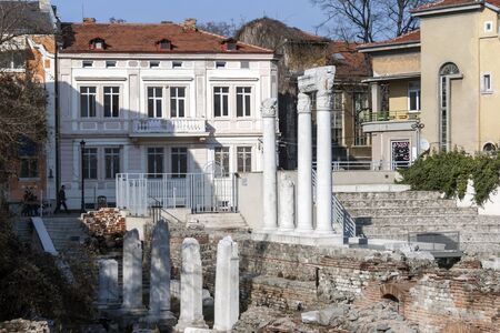 PLOVDIV, BULGARIA - FEBRUARY 10, 2019:  Panorama of Ruins of Roman Odeon in city of Plovdiv, Bulgariaのeditorial素材