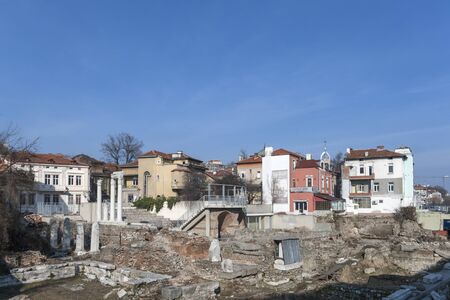 PLOVDIV, BULGARIA - FEBRUARY 10, 2019:  Panorama of Ruins of Roman Odeon in city of Plovdiv, Bulgariaのeditorial素材