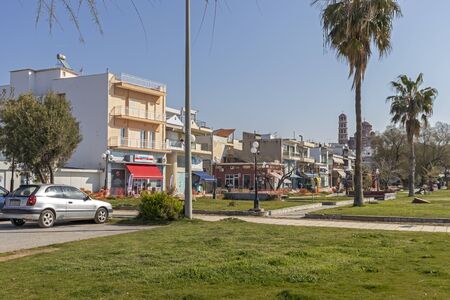 NEA MOUDANIA, GREECE - MARCH 31, 2019: Coastal street of town of Nea Moudania, Chalkidiki, Central Macedonia, Greeceのeditorial素材