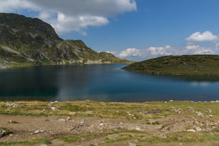 Amazing landscape with The Kidney lake at The Seven Rila Lakes, Rila Mountain, Bulgariaの写真素材