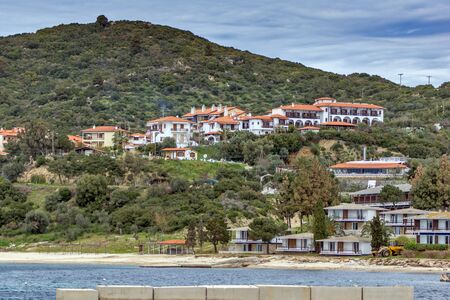 OURANOPOLI, GREECE - APRIL 3, 2015: Panoramic view of town of Ouranopoli, Athos, Chalkidiki, Central Macedonia, Greeceのeditorial素材