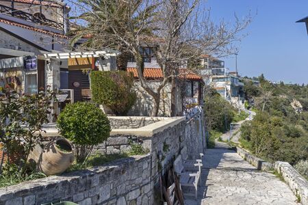 AFYTOS, KASSANDRA,  GREECE - MARCH 31, 2019: Old Houses in the historical town of Afytos, Kassandra, Chalkidiki, Central Macedonia, Greeceのeditorial素材