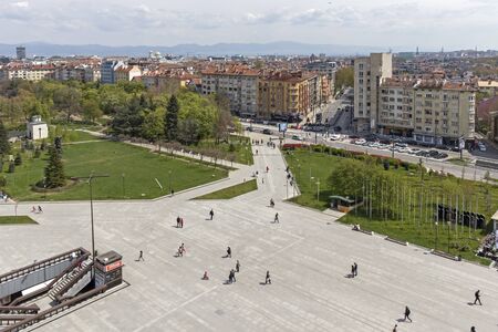 SOFIA, BULGARIA -APRIL 21, 2019: Panoramic view of city of Sofia from National Palace of Culture, Bulgariaのeditorial素材