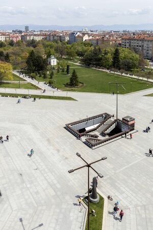 SOFIA, BULGARIA -APRIL 21, 2019: Panoramic view of city of Sofia from National Palace of Culture, Bulgariaのeditorial素材