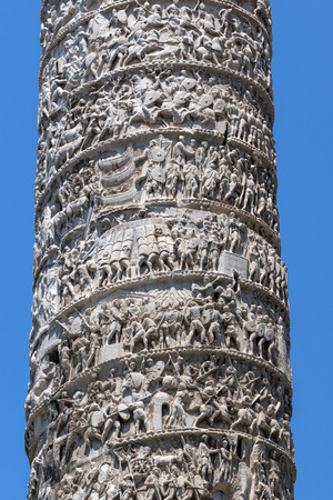 Architectural detail from of ancient Marcus Aurelius Column in front of Palazzo Chigi in city of Rome, Italyのeditorial素材