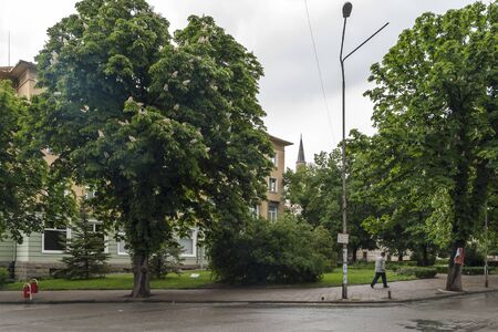 YAMBOL, BULGARIA - MAY 3, 2008: Building and street at the center of town of Yambol, Bulgariaのeditorial素材