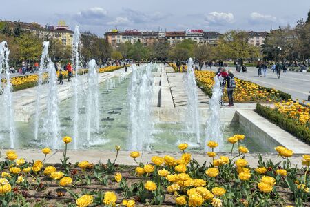 SOFIA, BULGARIA -APRIL 21, 2019: Spring view of flower garden in front of National Palace of Culture, Bulgariaのeditorial素材