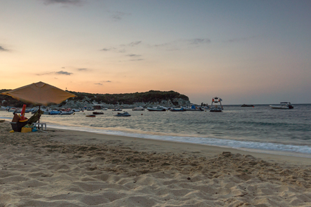 Amazing Sunrise Panorama of Kalamitsi Beach at Sithonia peninsula, Chalkidiki, Central Macedonia, Greeceの写真素材