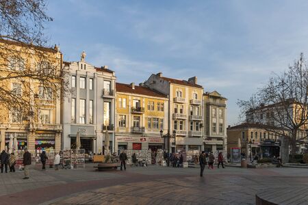 PLOVDIV, BULGARIA - FEBRUARY 10, 2019: Sunset view of central pedestrian street Knyaz Alexander I in city of Plovdiv, Bulgariaのeditorial素材