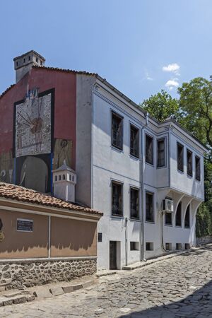 PLOVDIV, BULGARIA - MAY 29, 2019: Street and Nineteenth Century Houses in architectural and historical reserve. The old town in city of Plovdiv, Bulgariaのeditorial素材
