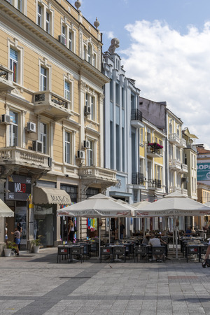PLOVDIV, BULGARIA - MAY 29, 2019: Walking people at Pedestrian streets at the center of city of Plovdiv, Bulgariaのeditorial素材