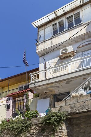KAVALA, GREECE - JUNE 22, 2019:  Typical street and houses at old town of city of Kavala, East Macedonia and Thrace, Greeceのeditorial素材
