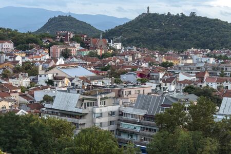 PLOVDIV, BULGARIA - AUGUST 3, 2019: Sunset Panoramic cityscape of Plovdiv city from Nebet Tepe hill, Bulgariaのeditorial素材