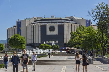 SOFIA, BULGARIA - MAY 31, 2018:  Fountain in front of National Palace of Culture, Bulgariaのeditorial素材