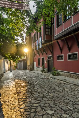 PLOVDIV, BULGARIA - JULY 4,  2018:  Sunset view of Nineteenth Century Houses at architectural and...