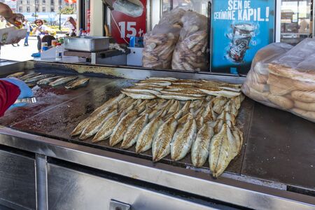 ISTANBUL, TURKEY - JULY 26, 2019: Fish sandwich stand at coast of  Golden Horn in city of Istanbul, Turkeyのeditorial素材