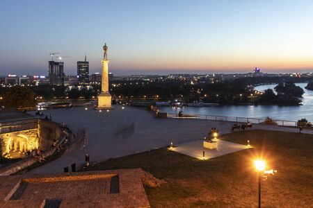 BELGRADE, SERBIA - AUGUST 12, 2019: Night photo of The Victor monument at Belgrade Fortress, Kalemegdan Park, Sava and Danube Rivers in city of Belgrade, Serbiaのeditorial素材