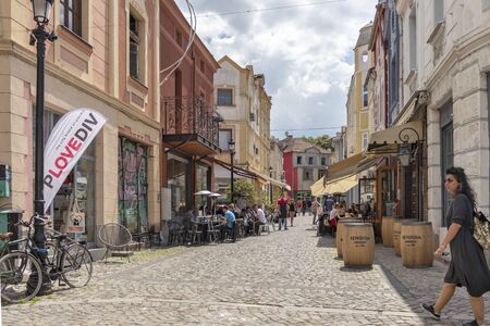 PLOVDIV, BULGARIA - MAY 6, 2019: Street and houses at  pedestrian street of city of Plovdiv,...