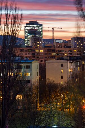 SOFIA, BULGARIA - NOVEMBER 22, 2017: Sunset view of Typical residential building from the communist period in city of Sofia, Bulgariaのeditorial素材