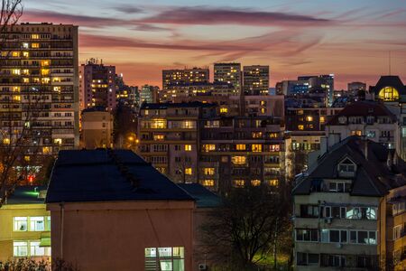 SOFIA, BULGARIA - NOVEMBER 22, 2017: Sunset view of Typical residential building from the communist period in city of Sofia, Bulgariaのeditorial素材