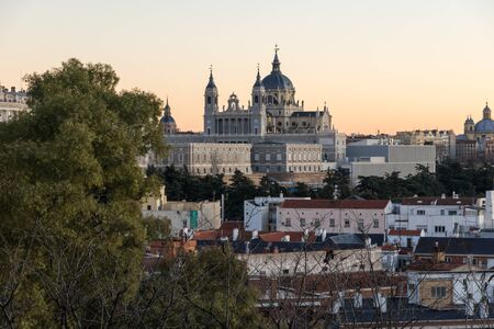 MADRID, SPAIN - JANUARY 21, 2018:  Amazing Sunset cityscape of Royal Palace and Almudena Cathedral in City of Madrid, Spainのeditorial素材