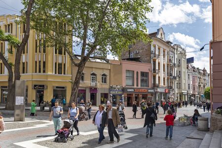 PLOVDIV, BULGARIA - MAY 6, 2019: Walking people at central pedestrian street in City of Plovdiv, Bulgariaのeditorial素材