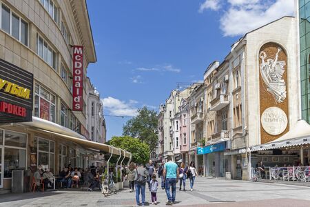 PLOVDIV, BULGARIA - MAY 6, 2019: Walking people at central pedestrian street in City of Plovdiv,...