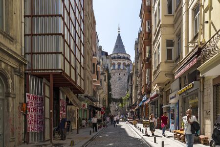 ISTANBUL, TURKEY - JULY 27, 2019: Ancient Galata Tower at the center of city of Istanbul, Turkeyのeditorial素材