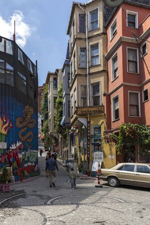 ISTANBUL, TURKEY - JULY 27, 2019: Typical street and building in Balat district in city of Istanbul, Turkeyのeditorial素材