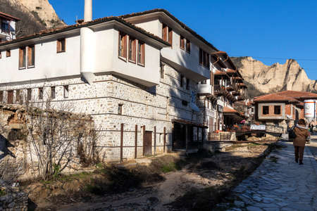 MELNIK, BULGARIA - DECEMBER 31, 2019: Typical street and old houses in historical town of Melnik, Blagoevgrad region, Bulgariaのeditorial素材