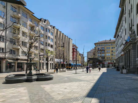 SOFIA, BULGARIA - APRIL 24, 2020: Slaveykov Square at the center of city of Sofia, Bulgaria